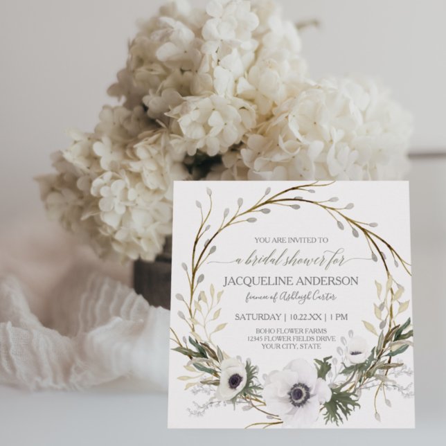 White Anemone Twig Fern Eucalyptus Bridal Shower Invitation (Creator Uploaded)