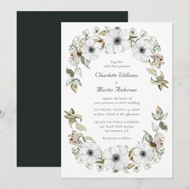White Anemone Wreath Watercolor Boho Wedding Invitation (Front/Back)