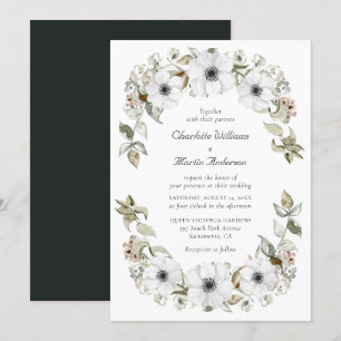 White Anemone Wreath Watercolor Boho Wedding Invitation
