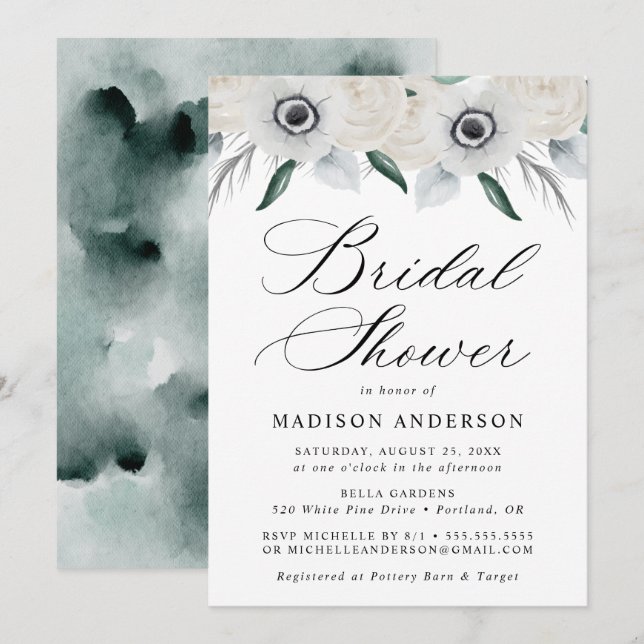 White Anemones and Roses Bridal Shower Invitation (Front/Back)