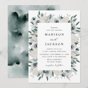 White Anemones and Roses Floral Wedding Invitation