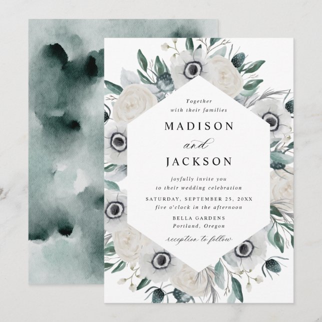 White Anemones and Roses Floral Wedding Invitation (Front/Back)