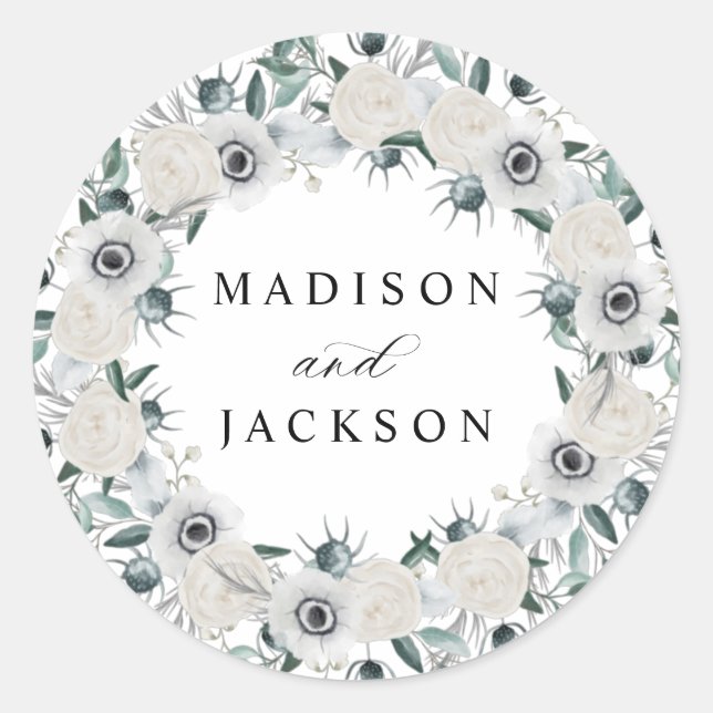 White Anemones and Roses Personalized Wedding Classic Round Sticker (Front)