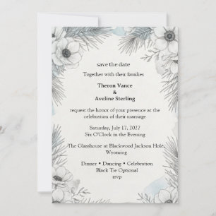 White Anemones, Pine Needles, Watercolor Foliage,  Invitation
