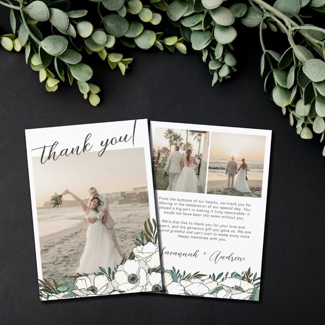 White Anemones Wedding Photos Thank You Note Card (Creator Uploaded)