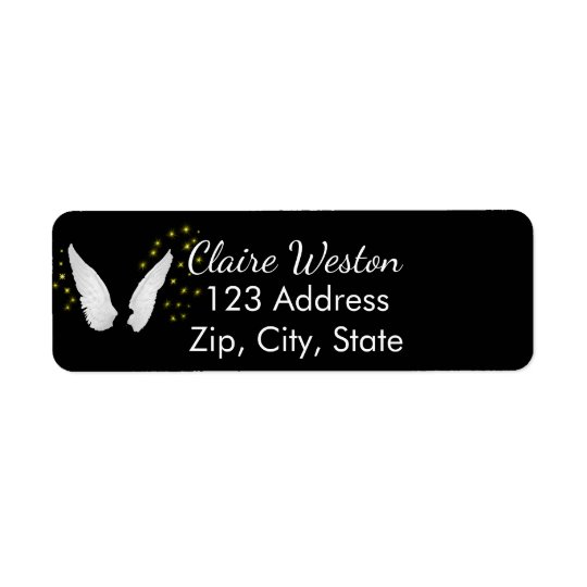 White angel wings on black return address return address label