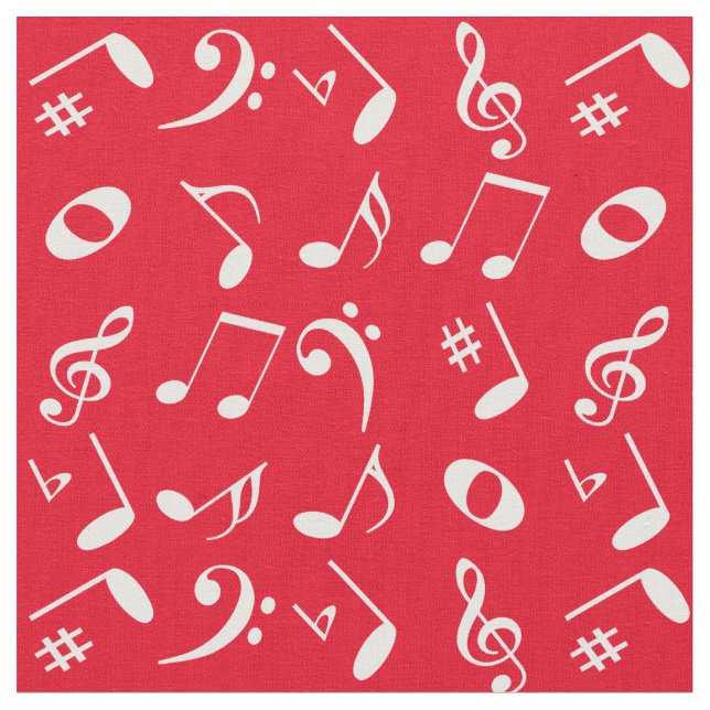 White Angled Music Notes Pattern on Red Fabric (Close Up)