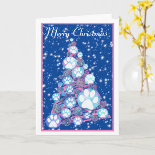 White Animal Paw Pink and Blue Christmas Tree Blue Card