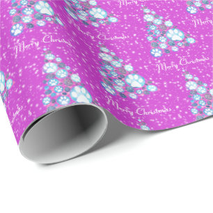 White Animal Paw Pink and Blue Christmas Tree Pink Wrapping Paper