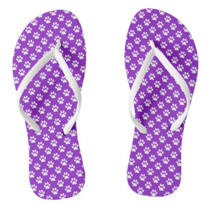 White Animal Paw Prints on Purple Flip Flops