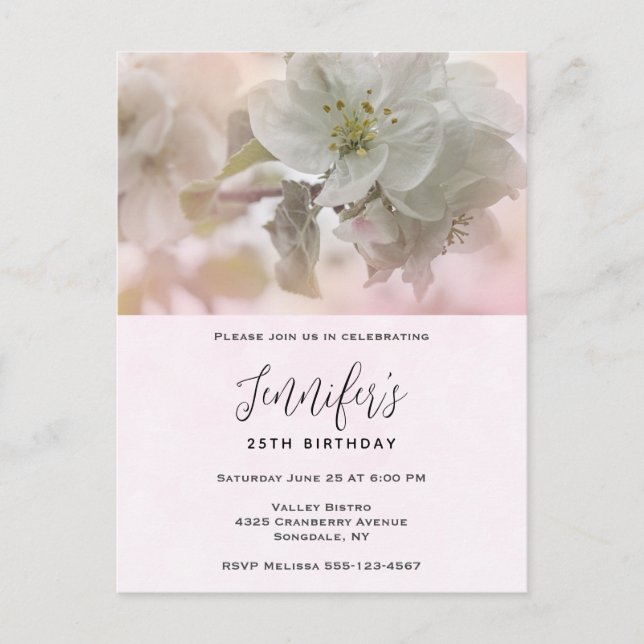  White Apple Blossom Photograph Birthday Invitation Postcard (Front)