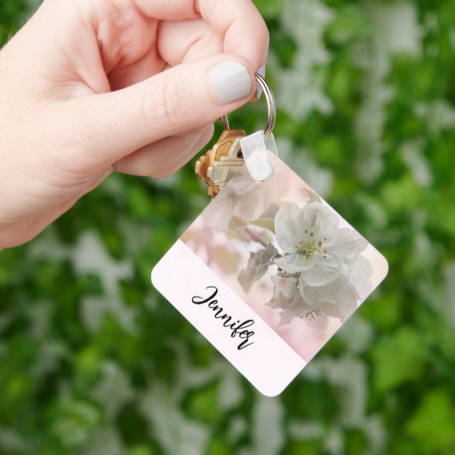 White Apple Blossom Photograph Keychain (Hand)