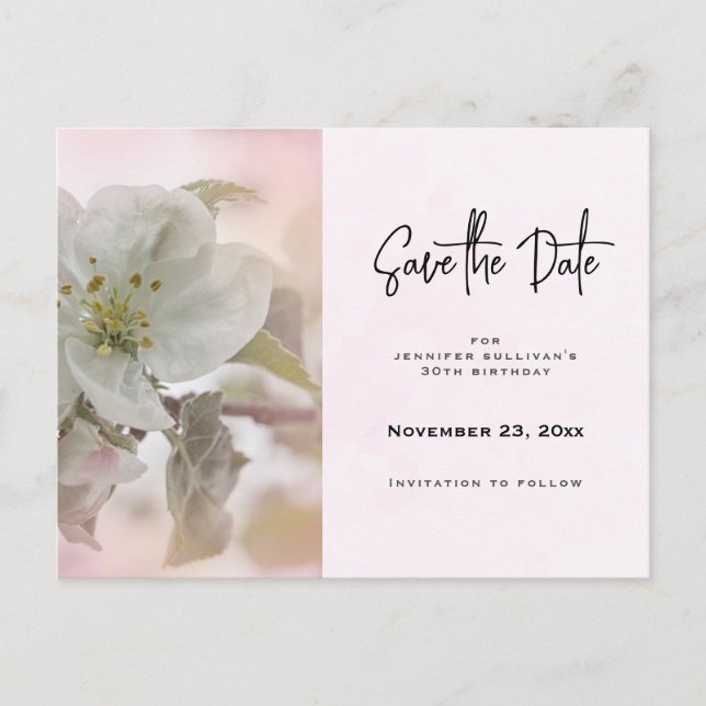  White Apple Blossom Photograph Save the Date Invitation Postcard (Front)