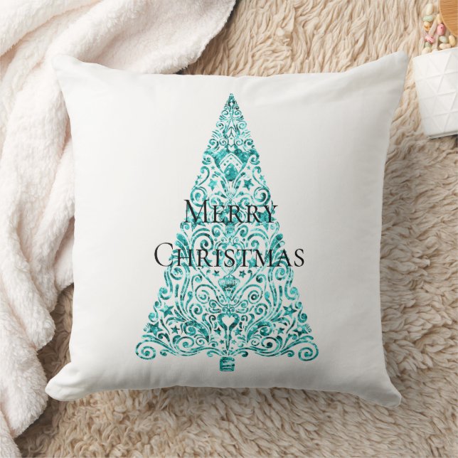 White Aqua Blue Christmas Tree Throw Pillow (Blanket)