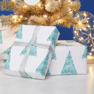 White Aqua Blue Sparkle Christmas Tree Wrapping Paper