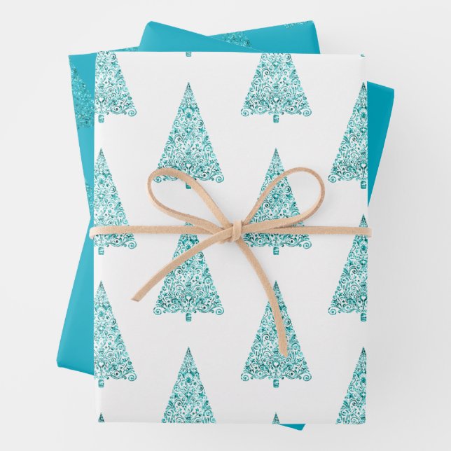 White Aqua Blue Sparkle Christmas Tree  Wrapping Paper Sheet (In situ)