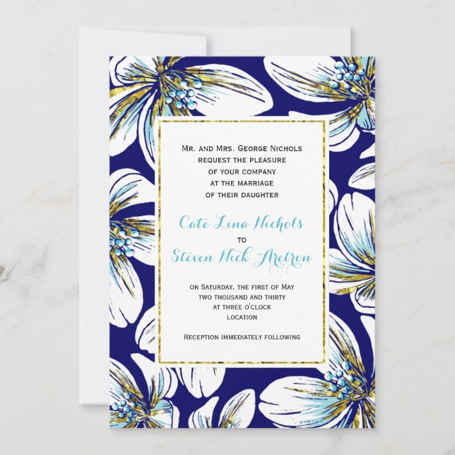White, aqua, gold foil floral navy blue wedding invitation (Front)