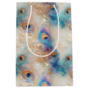 White Aqua Gold Peacock Feathers Medium Gift Bag