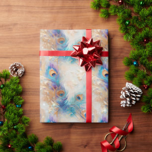 White Aqua Gold Peacock Feathers Wrapping Paper