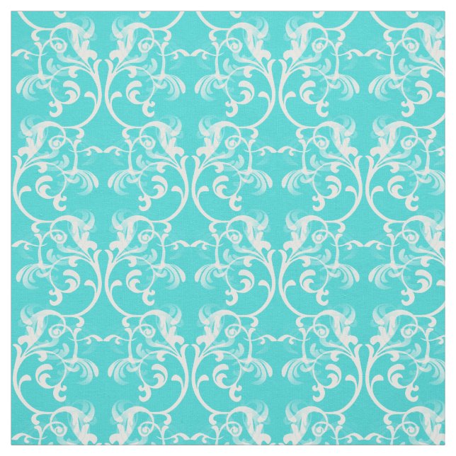White Aqua Parisian Damask Pattern Fabric (Swatch)