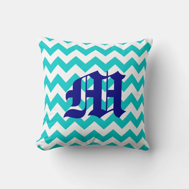 White Aqua Zigzag Pattern with Monogram Throw Pillow (Front)