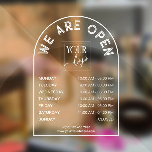 White Arch Shaped Frame Opening Hours Logo Window Cling