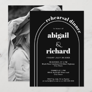 White arch wedding black rehearsal dinner invitation