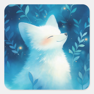 White Arctic Fox in Dreamy Blue Enchanted Forest Square Sticker