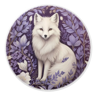 White Arctic Fox Lavender William Morris Flowers Ceramic Knob