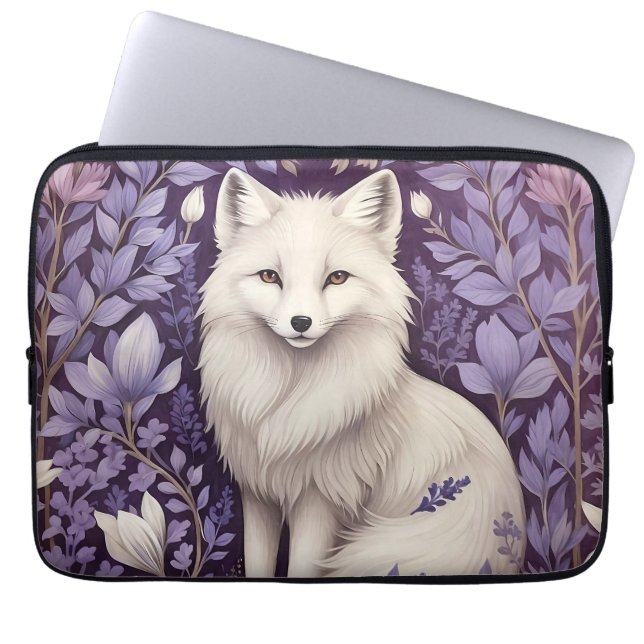 White Arctic Fox Lavender William Morris Flowers Laptop Sleeve (Front)