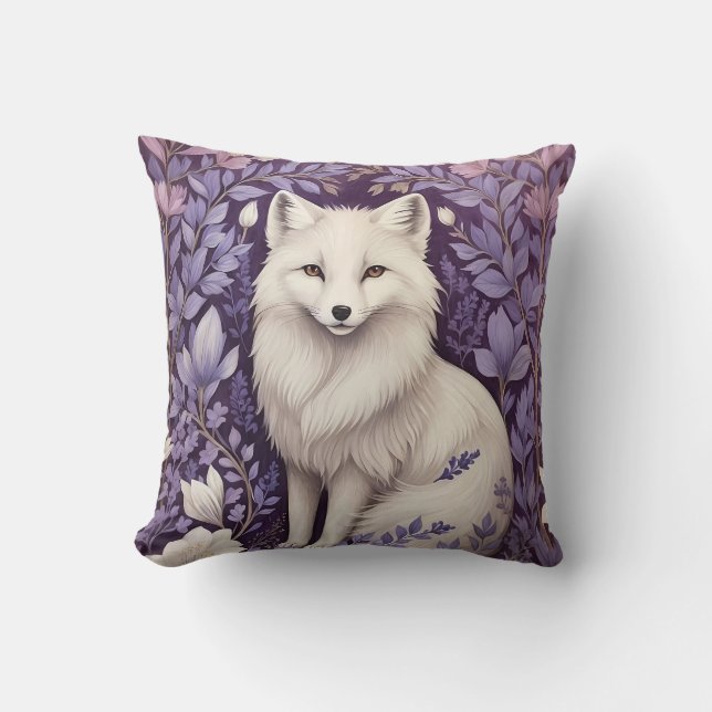 White Arctic Fox Lavender William Morris Flowers Throw Pillow (Front)