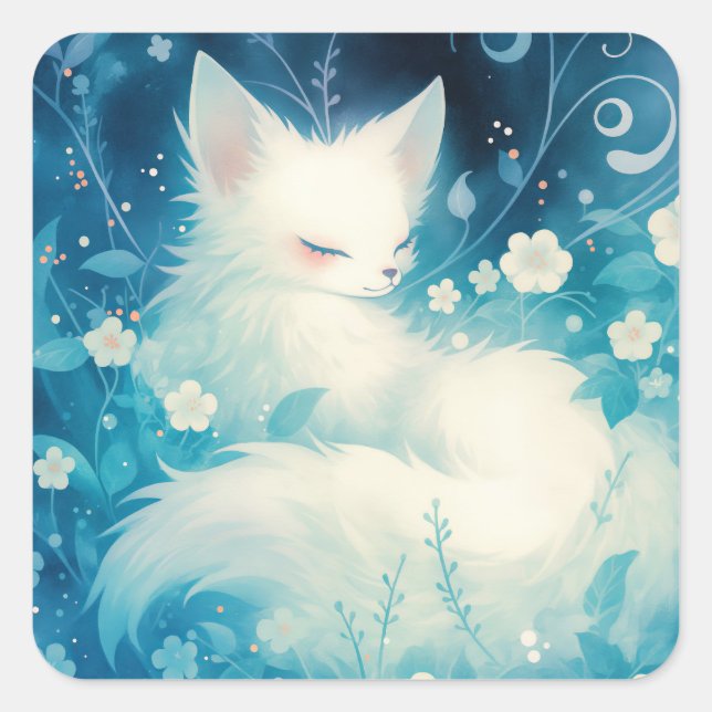 White Arctic Fox Resting in Enchanted Garden Square Sticker (Front)