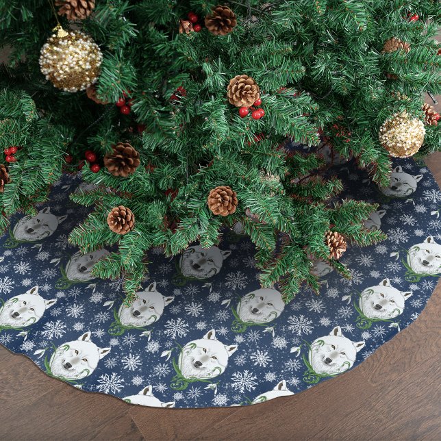 White Arctic Wolf Snowdrop Flowers Brushed Polyester Tree Skirt (Creator Uploaded)