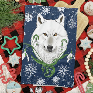 White Arctic Wolf Snowdrop Flowers Kitchen Towel