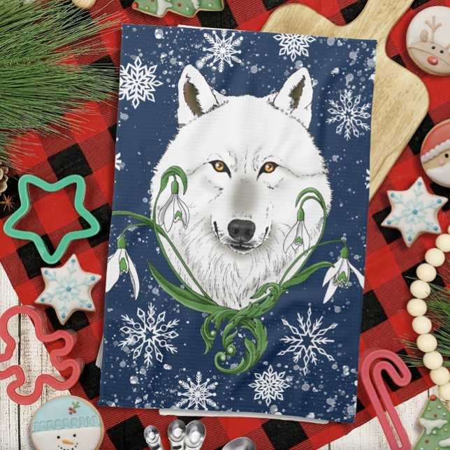 White Arctic Wolf Snowdrop Flowers Kitchen Towel (Creator Uploaded)