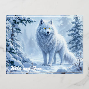White Arctic wolf winter landscape design Foil Holiday Postcard