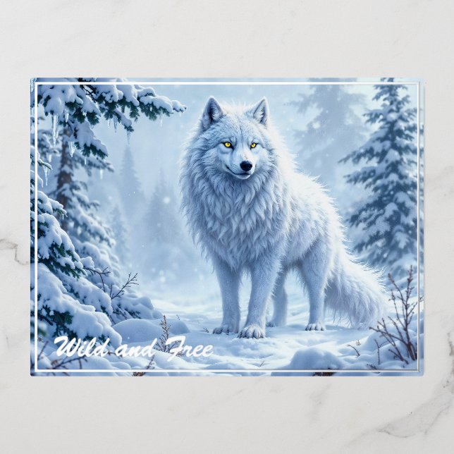 White Arctic wolf winter landscape design Foil Holiday Postcard (Front)