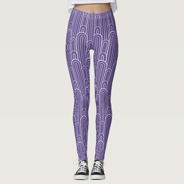 White art deco arch pattern on ultra violet leggings (Front)