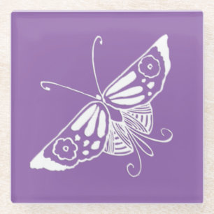 White Art Deco Butterfly - Customizable Background Glass Coaster
