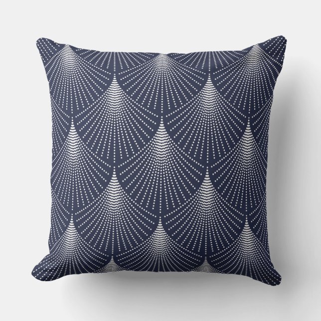 White Art-deco Geometric Pattern On Blue Throw Pillow (Front)