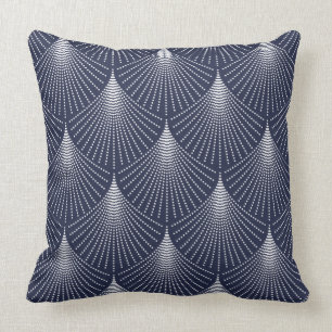 White Art-deco Geometric Pattern On Blue Throw Pillow