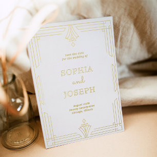 White Art Deco Gold Foil Save the Date Photo