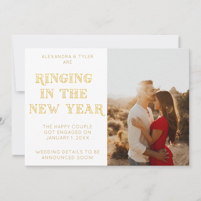 White Art Deco Modern Photo New Year Engagement Announcement (Front)