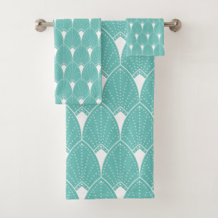 White Art Deco pattern 2 on turquoise background Bath Towel Set