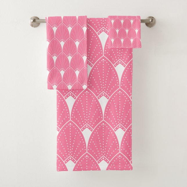 White Art Deco pattern  2on pink background Bath Towel Set (Insitu)