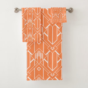 White Art Deco pattern 3 on orange background Bath Towel Set