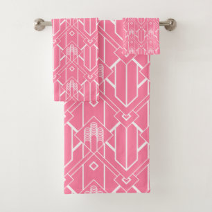 White Art Deco pattern 3 on pink background Bath Towel Set