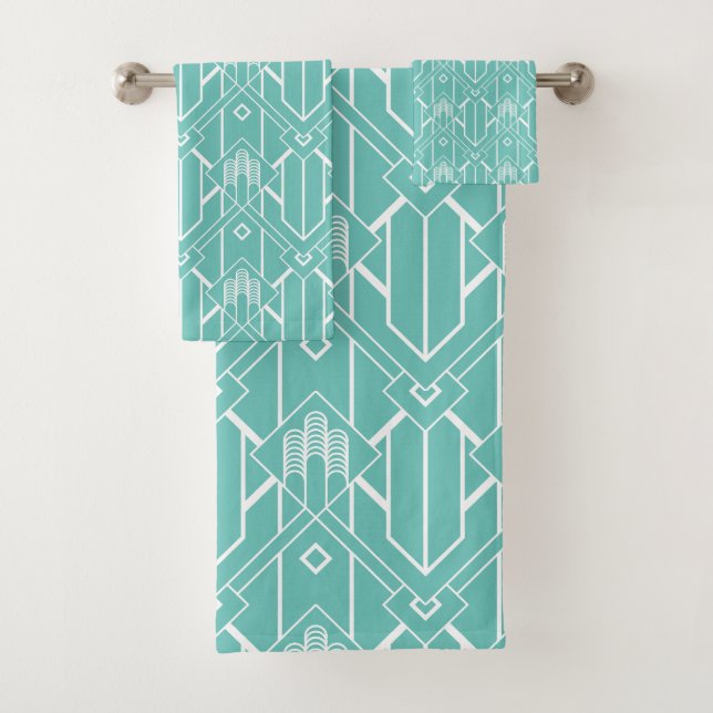 White Art Deco pattern 3 on turquoise background Bath Towel Set (Insitu)