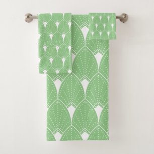 White Art Deco pattern No. 2 on light green Bath Towel Set