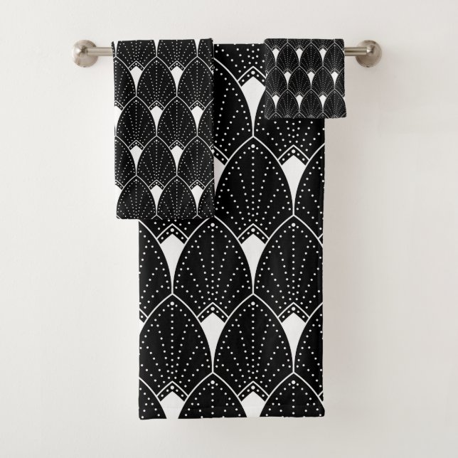 White Art Deco pattern On Black Background Bath Towel Set (Insitu)